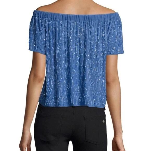 Parker NWT Royal Blue Beaded Embellished Off the Shoulder Sheer Top - Picture 2 of 16